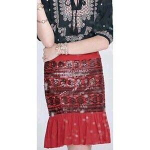 Anthropologie Moulinette Soeurs Red Black Sequin Salsa Ruffle Pencil Mini Skirt